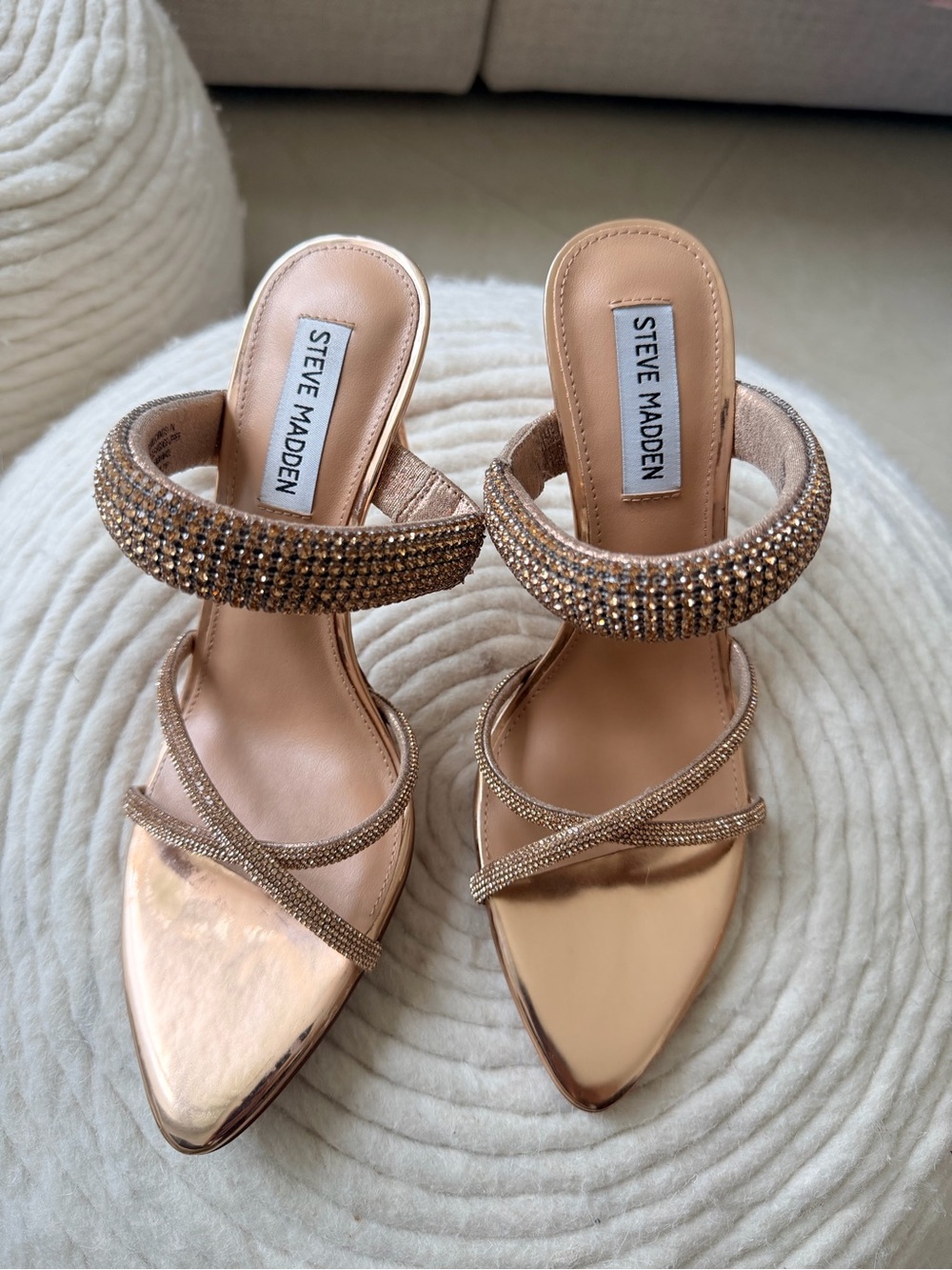 Steve Madden Rose Gold Crystal-Embellished Strappy Heels